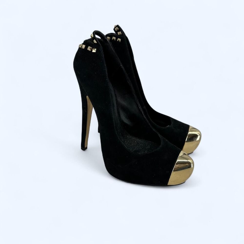 Black Suede Gold Cap Toe Studded Platform Pump Heel Stiletto Clubwear Shoe